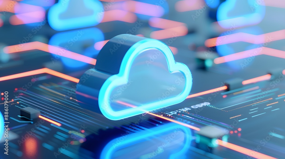 Poster futuristic cloud computing concept with glowing cloud icons on a circuit board, representing digital