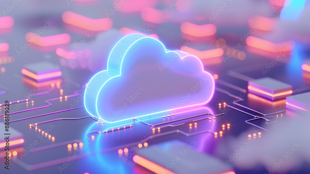 Poster futuristic cloud computing concept with glowing neon cloud icon and circuit board, representing mode