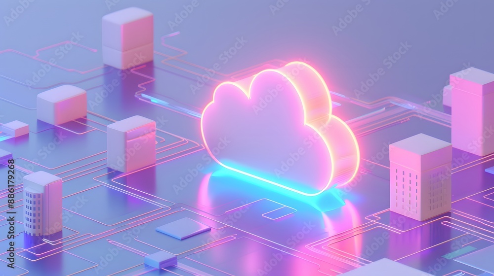 Poster futuristic cloud computing concept with glowing neon cloud icon on digital circuit board background.