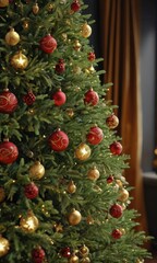 Decorated Christmas Tree with Red and Gold Ornaments.