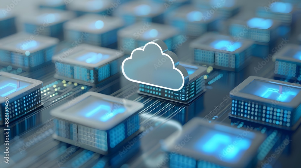 Poster futuristic cloud computing concept with illuminated digital servers and a cloud icon representing vi