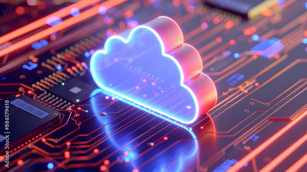 Poster futuristic cloud computing concept with neon cloud symbol on a glowing circuit board, representing m