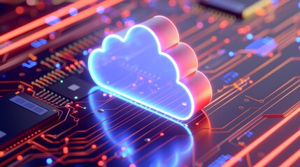 Fototapeta premium Futuristic cloud computing concept with neon cloud symbol on a glowing circuit board, representing modern digital technology. 3D Illustration.