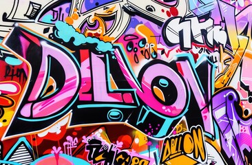 A beautiful street art graffiti style. The wall is decorated with abstract sketches painted on with house paint. Modern iconic urban culture of street youth. Abstract stylish picture on wall.