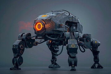 A robot with a red glowing eye stands on a grey surface