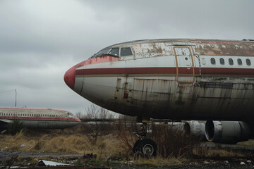 Fototapeta premium An old airplane is sitting in a field with a cloudy sky in the background