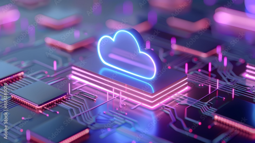 Poster futuristic cloud computing concept with neon lights and circuitry representing modern data storage t