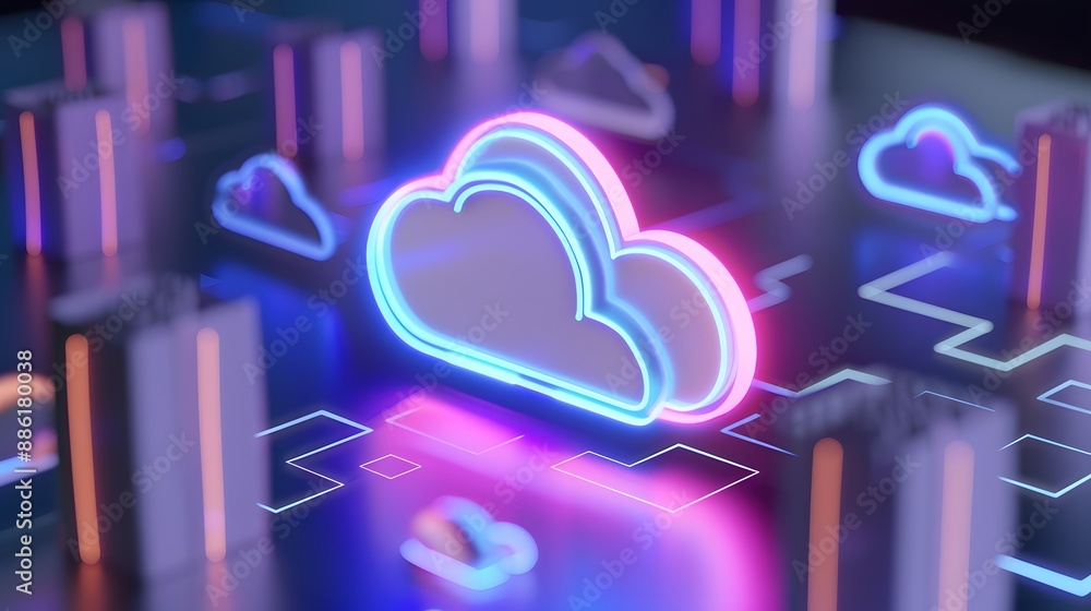 Poster futuristic cloud computing concept with neon lights and data storage design, depicting abstract tech