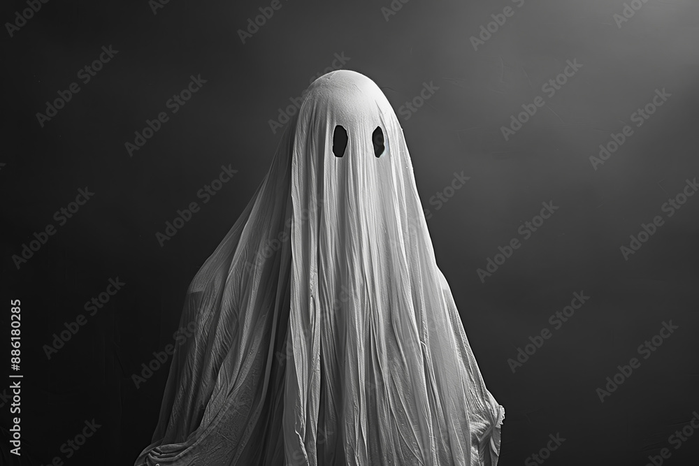 Poster a ghostly figure is standing in front of a dark background