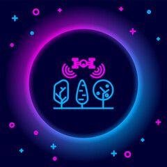 Glowing neon line Smart farm with drone control and tree icon isolated on black background. Innovation technology for agricultural company. Colorful outline concept. Vector