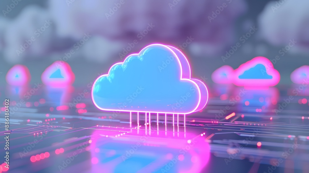 Poster futuristic cloud computing concept with neon lights, depicting technology and digital connection in 