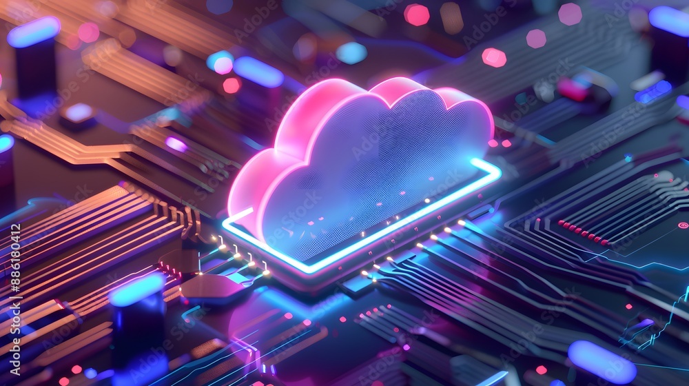 Aufkleber futuristic cloud computing concept with neon lights on a circuit board, representing advanced digita