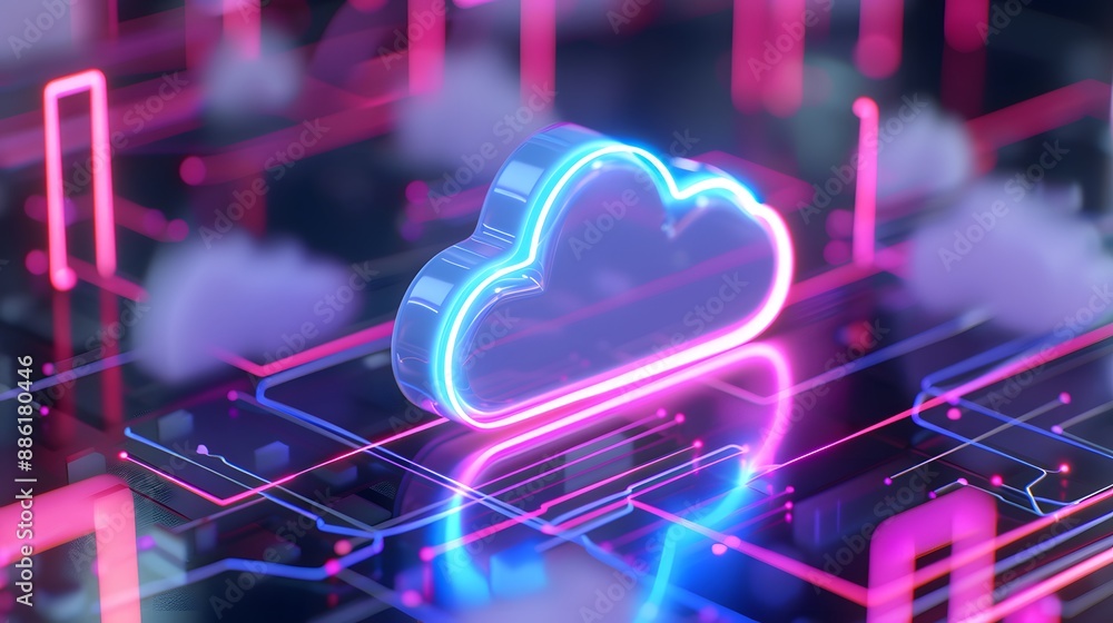 Poster futuristic cloud computing concept with neon lights, representing digital data storage and modern te