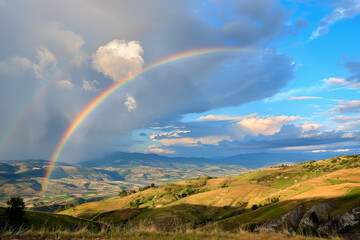 Obraz premium A rainbow is seen in the sky above a lush green field