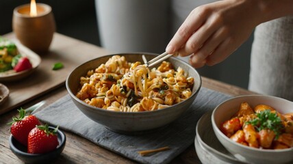 person holding a bowl of pasta