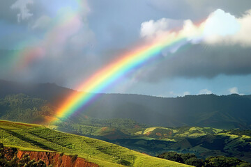 A rainbow is seen in the sky above a green hillside