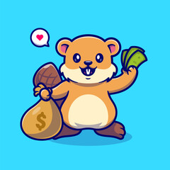 Naklejka premium Cute Beaver Holding Money Bag Cartoon Vector Icon Illustration. Animal Finance Icon Concept Isolated Premium Vector. Flat Cartoon Style