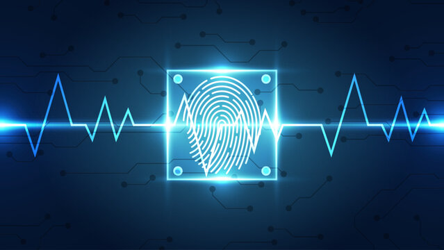 Fingerprint integrated in a printed circuit, releasing binary codes. fingerprint Scanning Identification System. Biometric Authorization and Business Security Concept. Vector illustration background