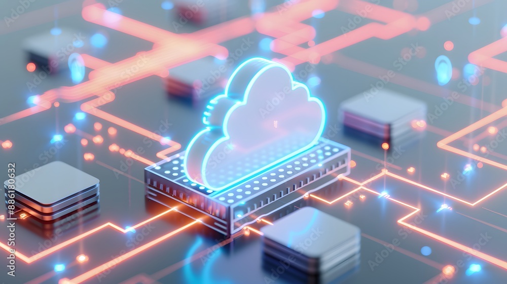 Poster futuristic cloud computing concept with neon-lit circuits and server components, representing data s