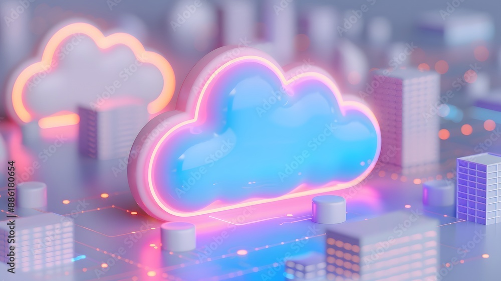Poster futuristic cloud computing concept with neon-lit clouds and digital cityscape, representing data sto