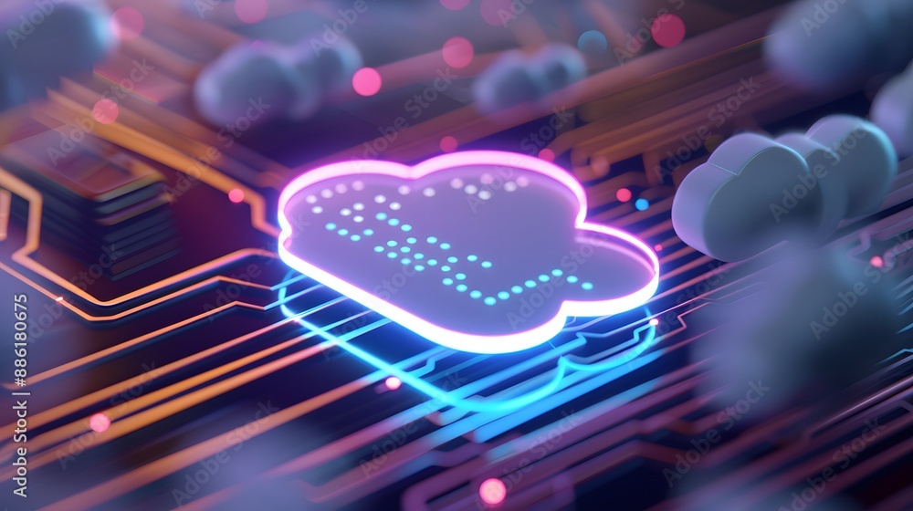 Poster futuristic cloud computing concept with vibrant neon colors and glowing circuits, representing digit