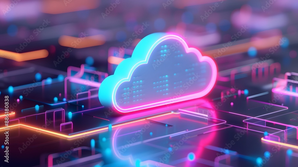 Poster futuristic cloud computing graphic with neon colors, representing data storage and digital technolog