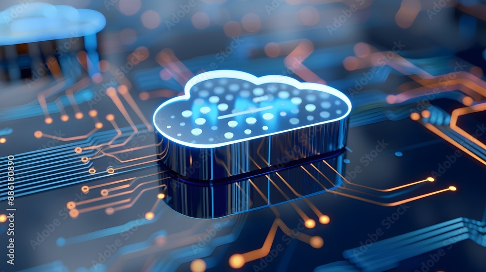 Poster futuristic cloud computing icon with circuit board design, symbolizing modern technology and digital
