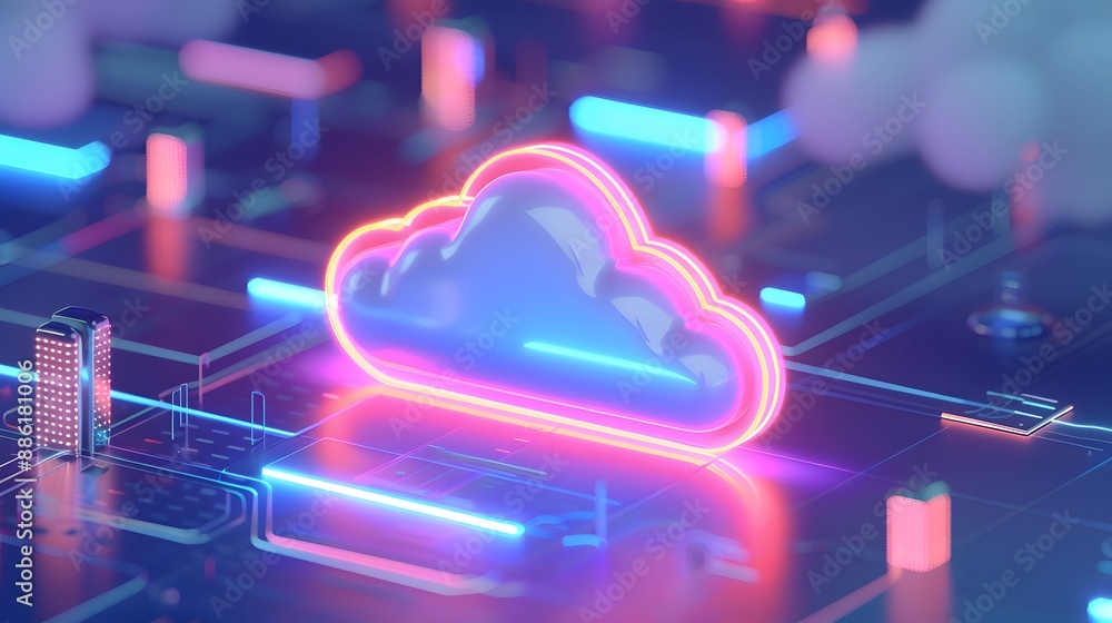 Poster futuristic cloud computing illustration with neon lights, representing technology and data storage i