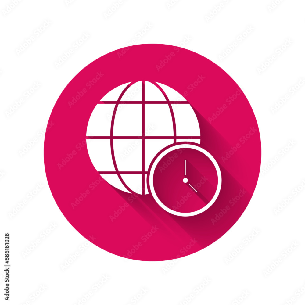 Poster white world time icon isolated with long shadow. clock and globe. pink hexagon button. vector