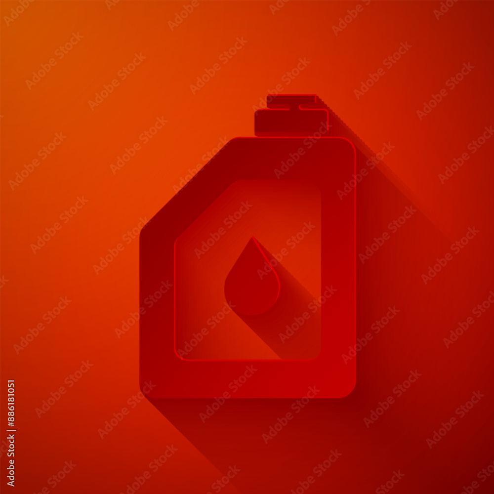 Sticker paper cut canister for motor machine oil icon isolated on red background. oil gallon. oil change ser