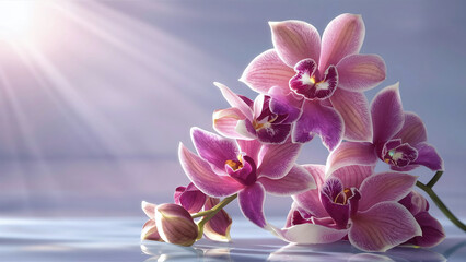 Fototapeta na wymiar Illustration of exquisite orchid flowers with a soft light background, perfect for luxury greeting cards and elegant design themes. 