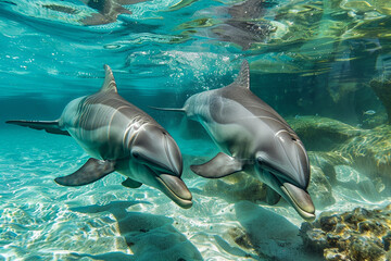 Obraz premium Two dolphins swimming in the ocean
