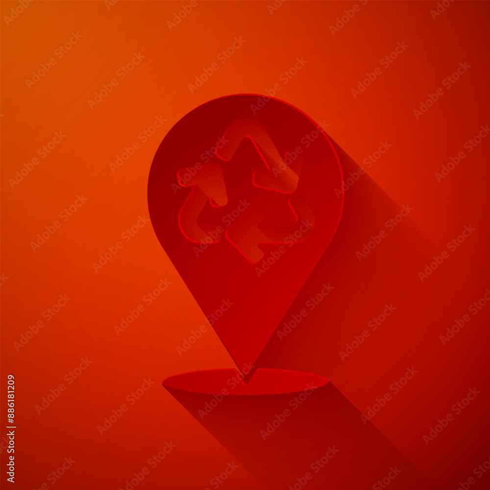 Poster paper cut recycle symbol icon isolated on red background. circular arrow icon. environment recyclabl