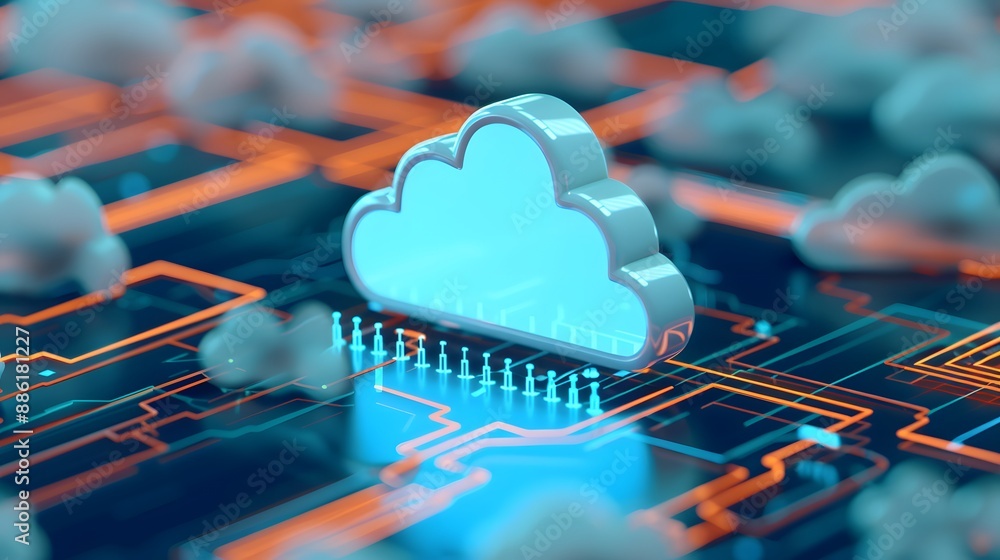 Poster futuristic cloud computing network concept with digital connections and data exchange for technology