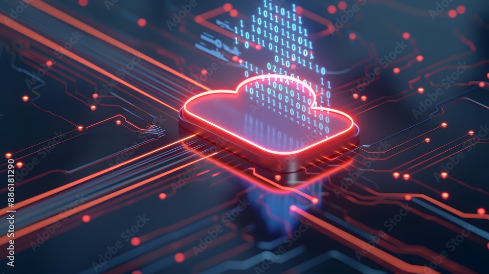 Poster futuristic cloud computing network concept with glowing red lines and circuits. advanced data techno