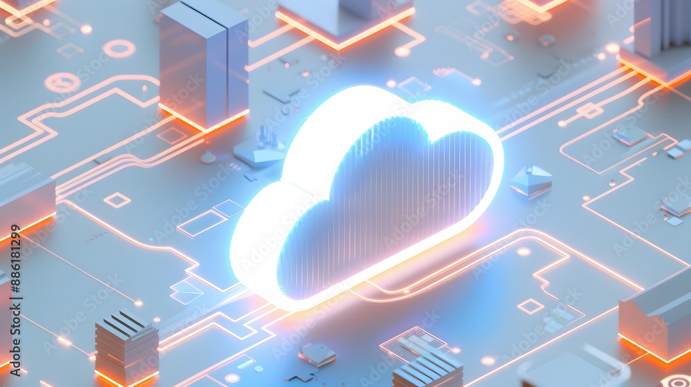 Poster futuristic cloud computing network on a circuit board background, representing modern technology and