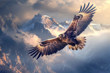 Fototapeta premium A large eagle is flying over a mountain range
