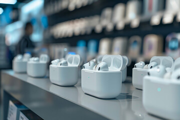 Obraz premium A row of white earbuds are displayed on a counter