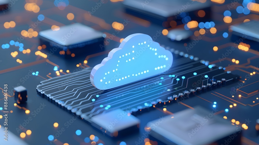 Poster futuristic cloud computing technology concept featuring a glowing blue cloud icon on a microchip wit