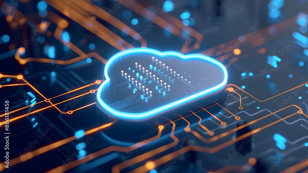 Poster futuristic cloud computing technology concept. glowing cloud icon on a digital circuit board, symbol