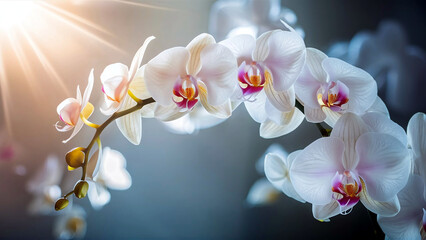 Illustration of exquisite orchid flowers with a soft light background, perfect for luxury greeting cards and elegant design themes. 
