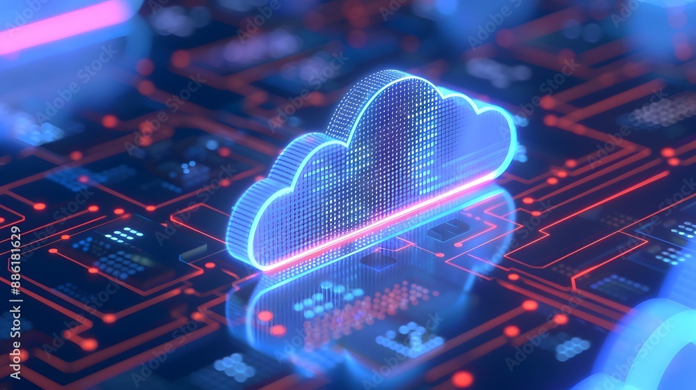 Poster futuristic cloud computing technology concept with a glowing cloud icon on a circuit board, represen