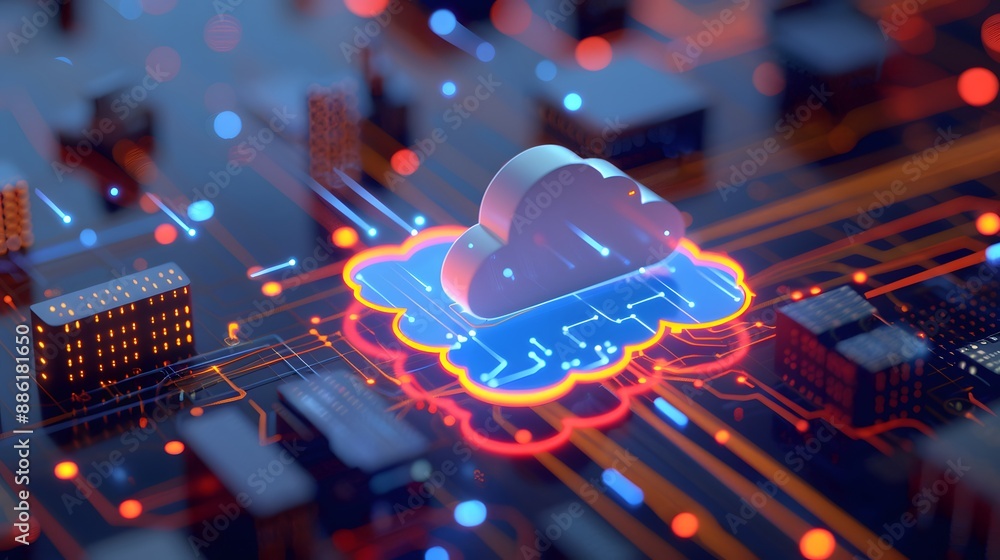 Poster futuristic cloud computing technology concept with a glowing cloud icon on a circuit board, represen
