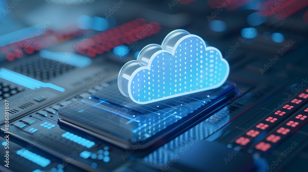 Poster futuristic cloud computing technology concept with digital cloud hologram and data storage on circui