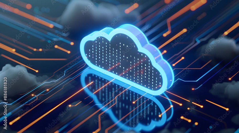 Poster futuristic cloud computing technology concept with digital cloud icon and data network lines on a da