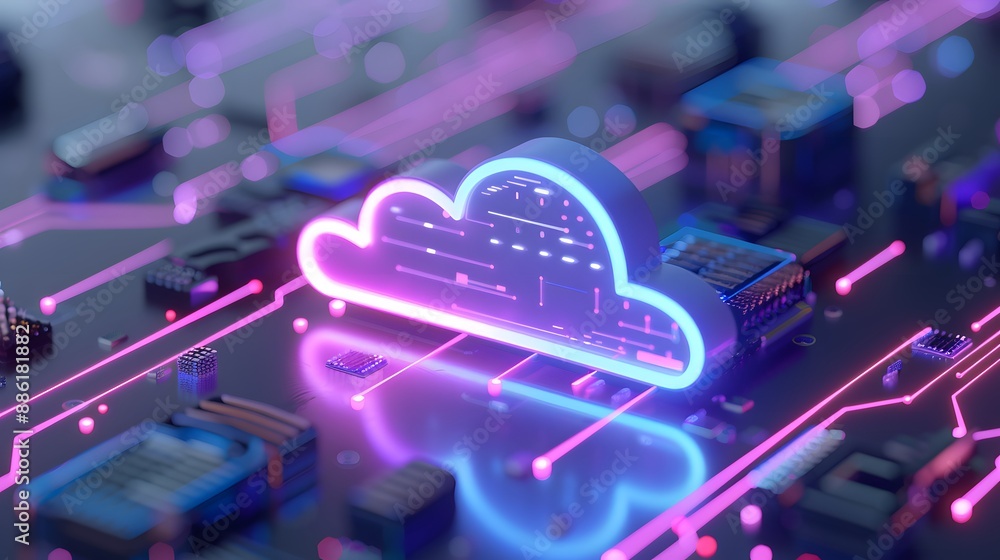 Poster futuristic cloud computing technology concept with digital data transfer on a microchip circuit boar
