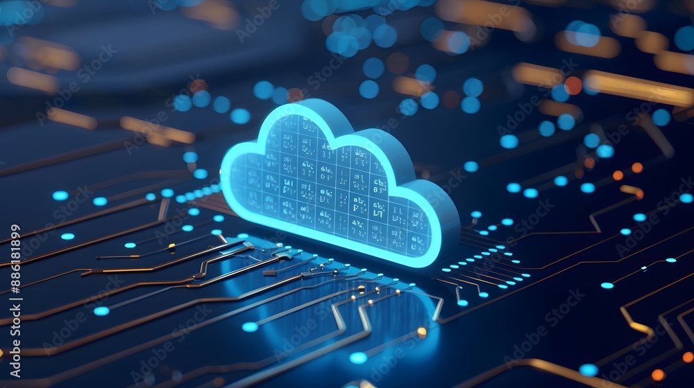 Poster futuristic cloud computing technology concept with glowing circuit board background, representing da