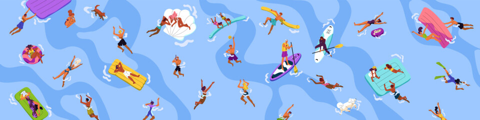 People swim in water top view banner. Happy tourists play, have fun in swimming pool. Men and women float on inflatable circles, mattress on sea. Beach activities in summer. Flat vector illustration