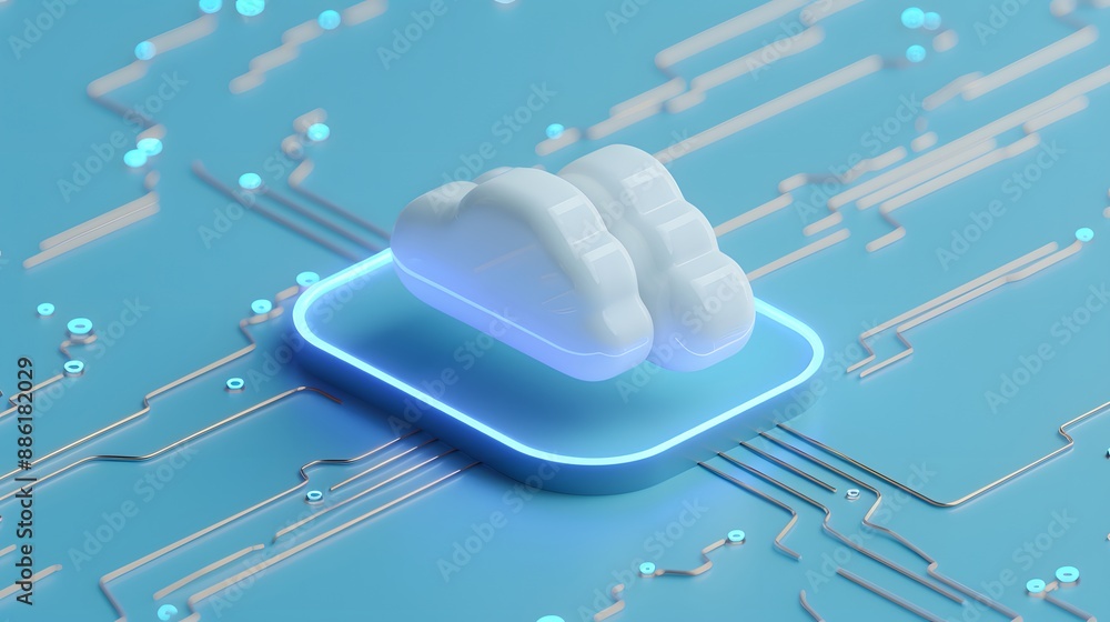 Poster futuristic cloud computing technology concept with glowing cloud icon on a digital circuit board, re