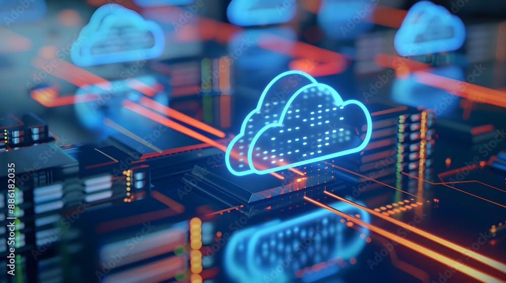 Aufkleber futuristic cloud computing technology concept with glowing cloud icons and digital connections in a 